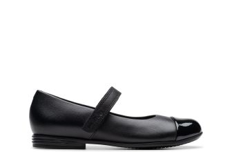Clarks Girls Finja Gem Kid Black Leather School Shoes,Riptape,Mary Jane