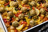 Sheet Pan Greek Chicken Meatballs With Chickpeas and Vegetables | Olive & Mango