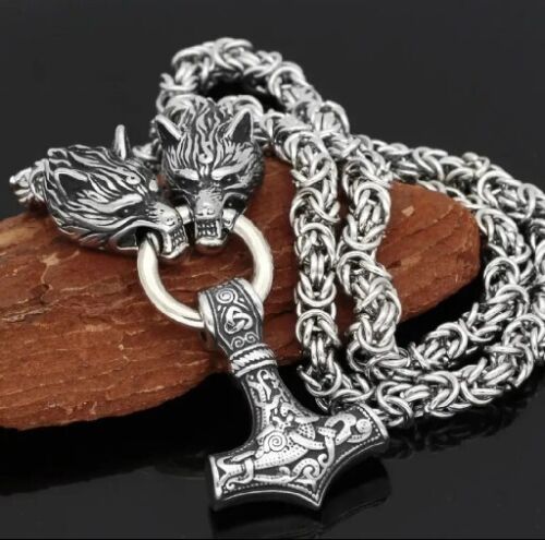 Men Norse Viking Thor hammer Mjolni Pendant Stainless Steel Wolf Chain Necklace