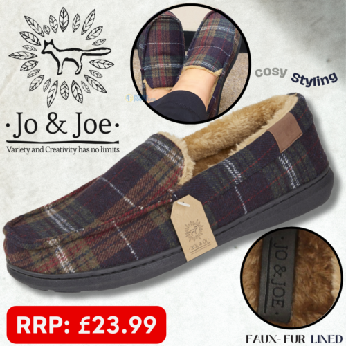 Mens Jo & Joe Slippers Tweed Check Faux Fur Lined Slip On Moccasin Full Slipper