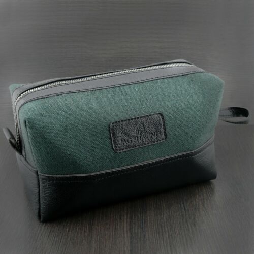 Toiletry Genuine Leather & Canvas Mens Shaving Travel Case/Bag Waterproof Lining