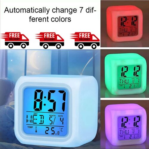 7 Colors LED Alarm Clock Colour Changing Digital Battery Kids Bedroom Calendar !