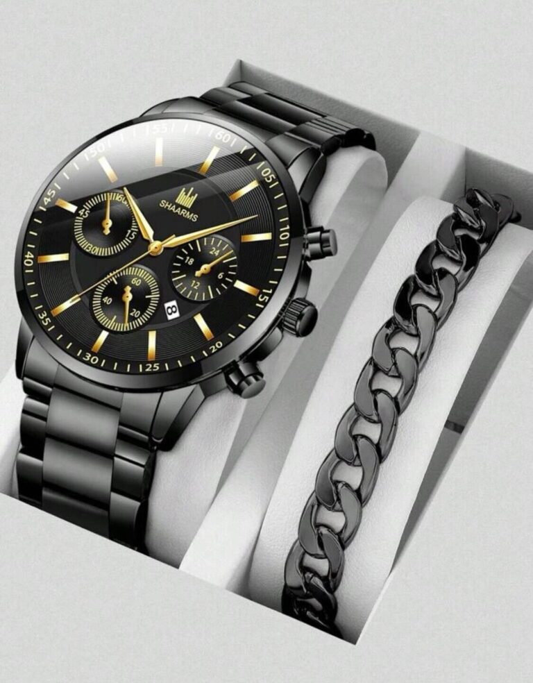 Watch Gift Set for Men Black & Gold with Black Bracelet Watches High Quality UK