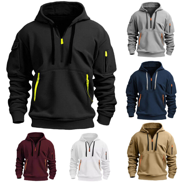 Retro Sweatshirt Men Winter Work Half Zip Up Jumper Hoodie Hooded Jacket Coat UK