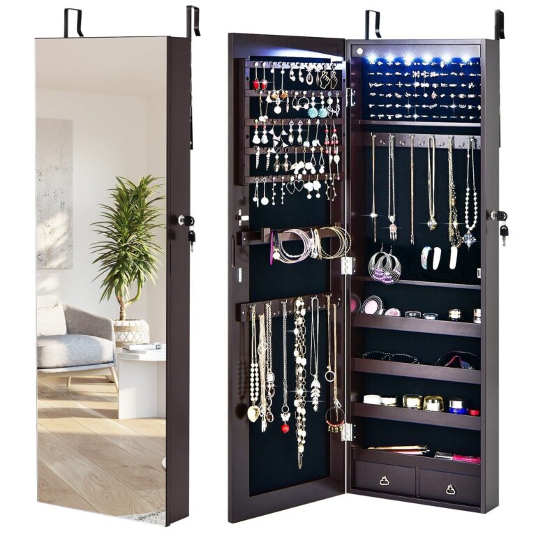 LED Lights Jewelry Cabinet Lockable Wall/Door Mounted Jewelry Armoire W/ Mirror