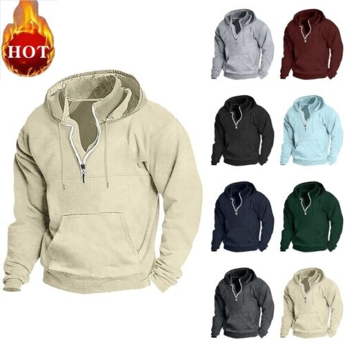 Men Retro Sweatshirt Winter Work Coat Half Zip Up Jumper Long Sleeve Hoodies