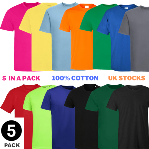 5 PACK Mens T-Shirt Heavy Cotton Plain Short Sleeve Tee 100% Cotton Colors Tee