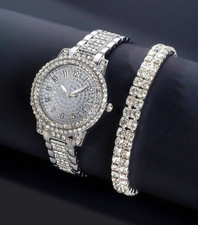 Watch Gift Set for Women Ladies Silver WATCH + BRACELET  Rhinestone Top Quality