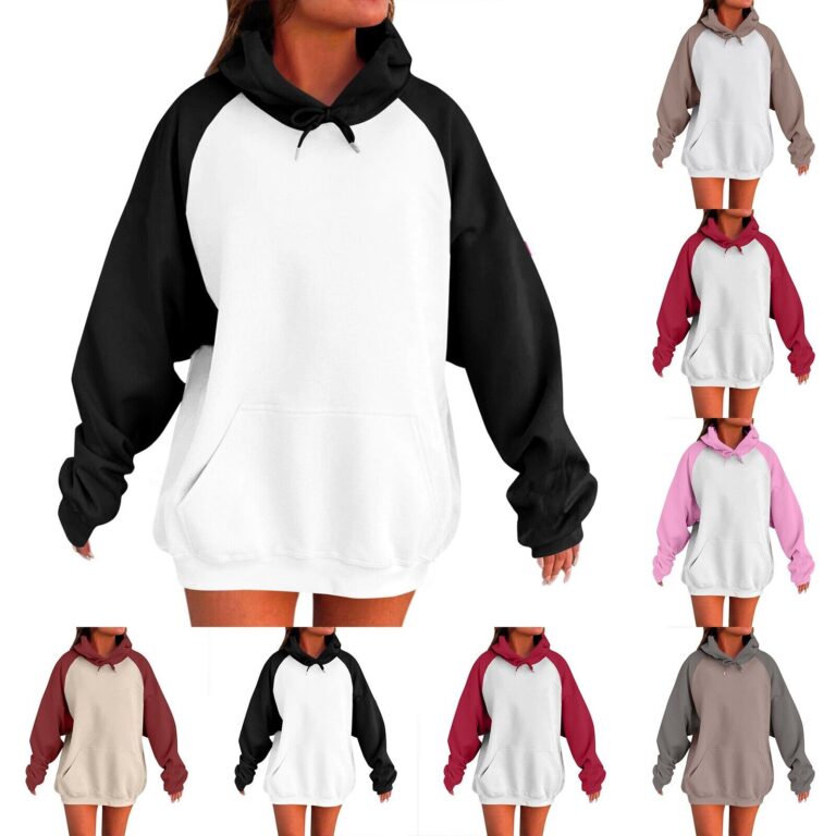 Women’s Fashion Casual Plunging Shoulder Long Sleeve Hooded Patchwork Pullover