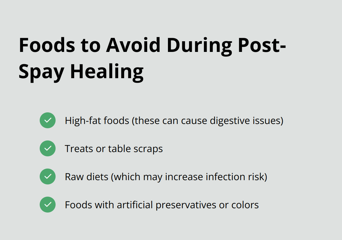 Checklist of 4 types of foods to avoid during your dog's post-spay healing process: high-fat foods, treats or table scraps, raw diets, and foods with artificial preservatives or colors. - dog spay recovery tips