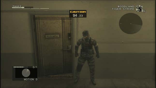 Naked Snake hides to the left of an open door.