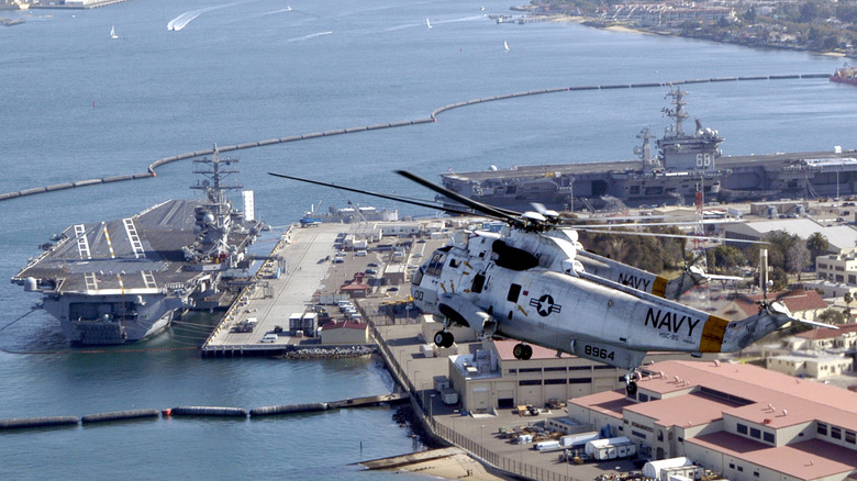 UH-3H Sea King helicopters assigned to Helicopter Sea Combat Squadron (HSC) 85 fly over Naval Air Station North Island during a ceremonial flight honoring more than 40 years of service by the Sea King.