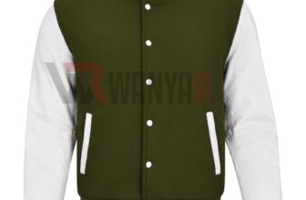 Varsity Jacket Letterman Olive Green Wool Genuine White Leather Sleeves XS – 4XL