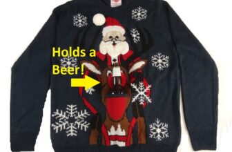 Men’s Ugly Holiday Christmas Sweater Holds Beer Holder Santa Riding Reindeer New