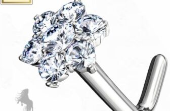 SOLID 14k WHITE GOLD – large 5mm Clear Cz Flower Cz Crystal Nose L Bend  Bar