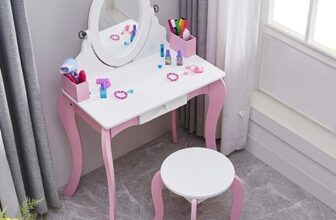 Wooden Kids Vanity Table Set, Pink Girls Dressing Table with Stool+Mirror+Drawer