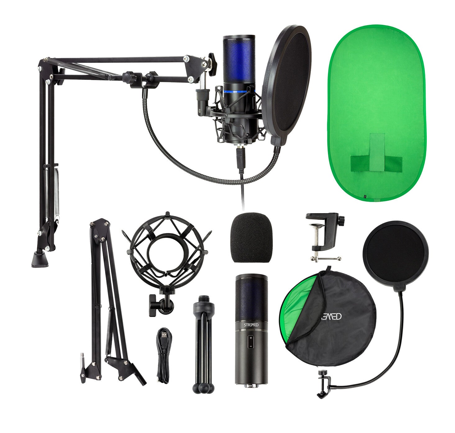 STRMD USB Microphone (Cardioid), Pop Up Green Screen, Shock Mount, Tripod Mic Stand, Scissor Mic Stand, Pop Filter & Wind Shield