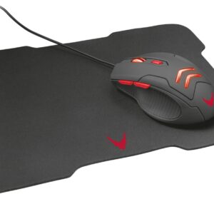 Varr Gaming Mouse and Mousepad/Mat Set, Gaming Mouse: Wired USB Mouse (Black/Red), Adjustable DPI (800, 1600, 2400 or 3200dpi), 6 Button with Scroll Wheel, Popular USB-A connection, Optical, LED Red backlight, Mousepad/Mat: Size 295x210x2mm