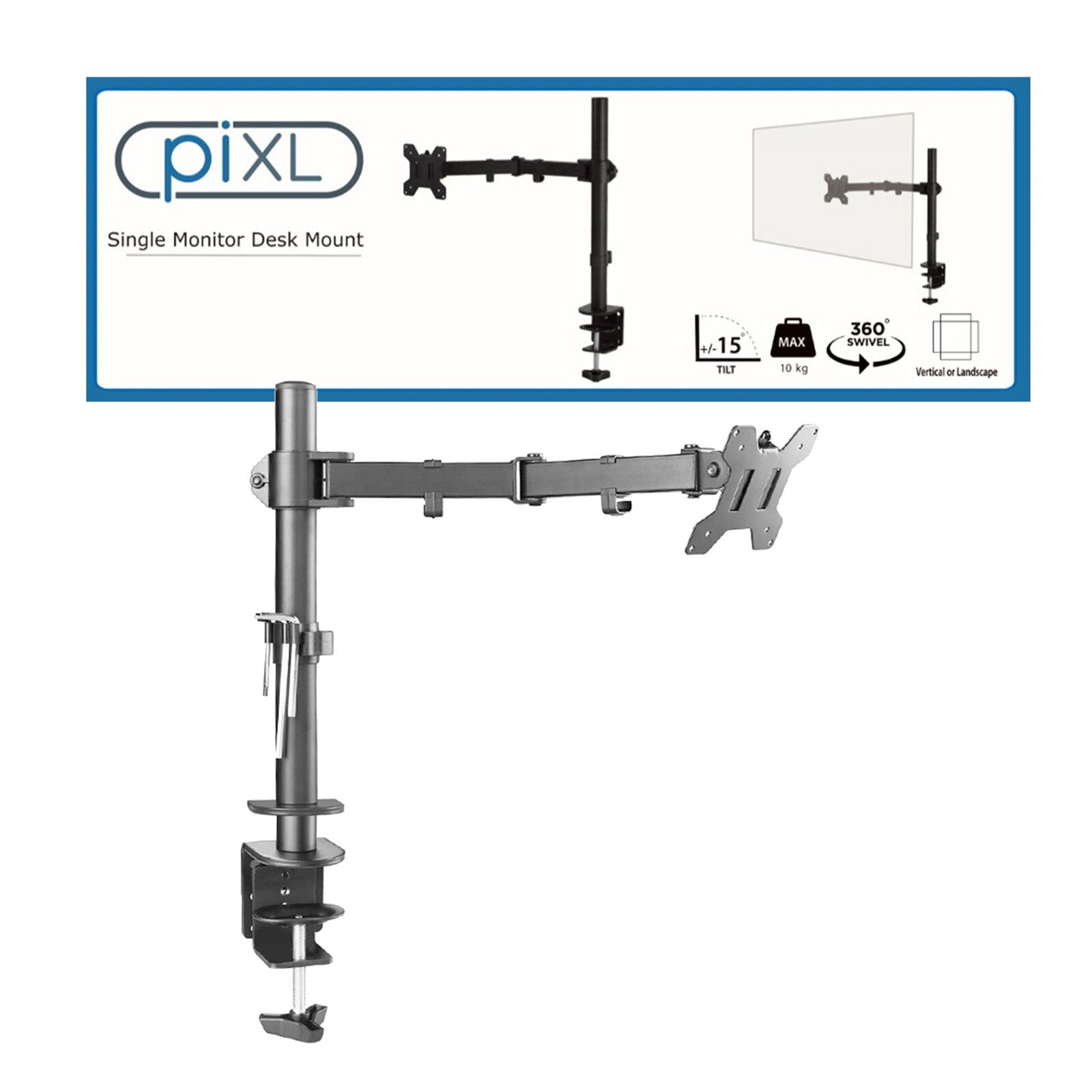 piXL SINGLE ARM Monitor Mount / Stand for Desk (Up to 32")
