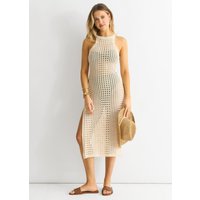 Beige Crochet Knit Bodycon Slit Dress