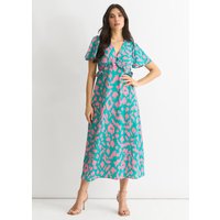 Green Animal Print V Neck Ruffle Midi Dress