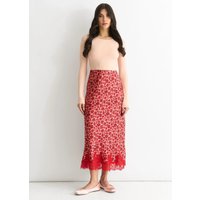 Red Floral Lace Trim Bias Midi Skirt