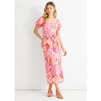 Pink Floral Puff Sleeves Belted Midi Dress
