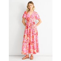 Pink Floral Wrap Belted Midi Dress