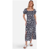 Navy Puff Sleeves Split Viscose Midi Dress