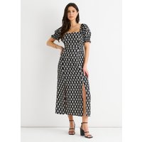 Black Geo Print Square Neck Midi Dress