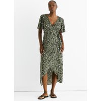 Khaki Animal Print Viscose Wrap Midi Dress