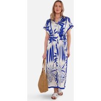 Blue Tropical Print Midi Shirt Dress