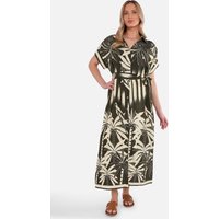 Khaki Tropical Print Midi Shirt Dress