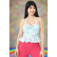 Unique Vintage Aqua & Rainbow Print Peplum Halter Top Size: M Colour: Blue