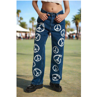 The Ragged Priest Peace Printed Dad Jeans as seen on Chloe Sims Size: 26″ Colour: Blue