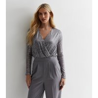 Gun Metal Sequin Wrap Long Sleeves Bodysuit