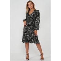 Black Full Sleeve Belted Wrap Midi Dress