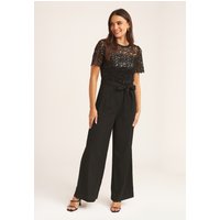 Black Floral Lace Sequin Belted Occasional Jumpsuit