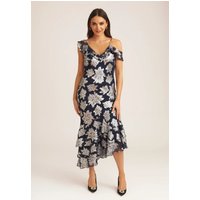 Navy Floral Clipped Tiered Ruffle Midi Dress