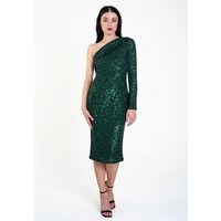 Green One Shoulder Draped Sequin Midi Dress