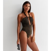 Black and Gold Lurex Twisted Halter Swimsuit