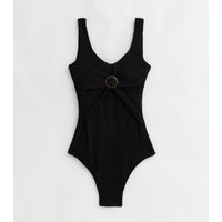 Black Texture Ring Detail Swimsuit