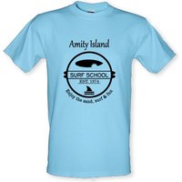 Amity Island Surf School Est. 1974 male t-shirt.