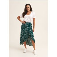 Green Animal Print Ruffle Wrap Midi Skirt