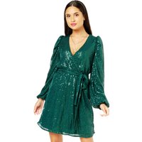 Bottle Green Sequin V Neck Belted Mini Dress