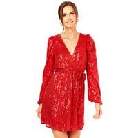 Bright Red Sequin V Neck Belted Mini Dress