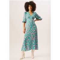 Green Animal Print V Neck Shift Midi Dress