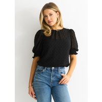 Black Dobby Chiffon Shirred Cuff Blouse