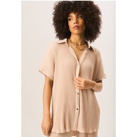 Beige Plisse Short Sleeve Oversized Shirt