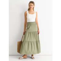 Khaki Smocked Tiered Maxi Skirt